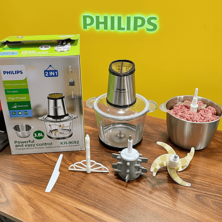 خردکن غذاساز3/8 لیتر فیلیپس- 6 تیغه تیتانیوم طلایی همراه با سیرپوست کن و همزن- توان 4800 وات- مدل KH-9092