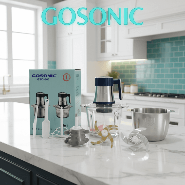 خردکن دو کاسه گوسونیک _4+6 تیغه طلایی تیتانیوم همراه با سیر پوست کن و همزن_3500 وات _مدل GSC-803