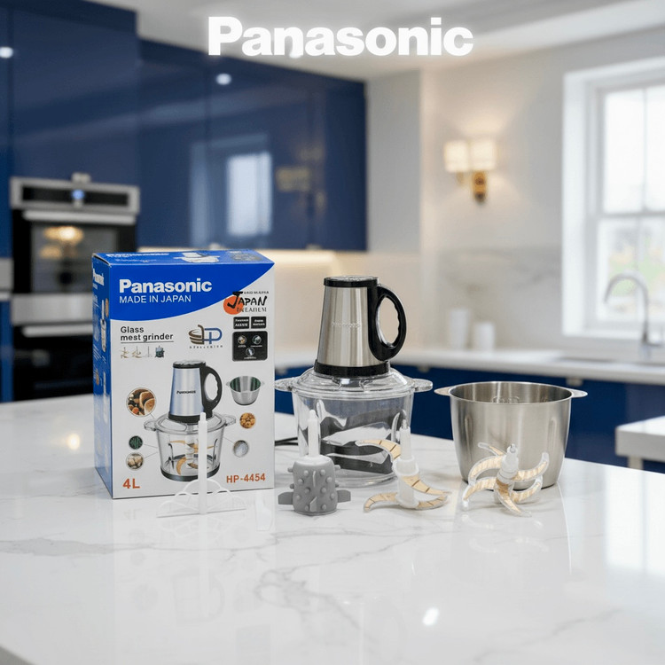 خردکن پاناسونیک با ظرفیت 4 لیتر، دو کاسه، 6+4 تیغه طلایی، همراه با سیرپوست کن، همزن و کاردک، قدرت 3800 وات