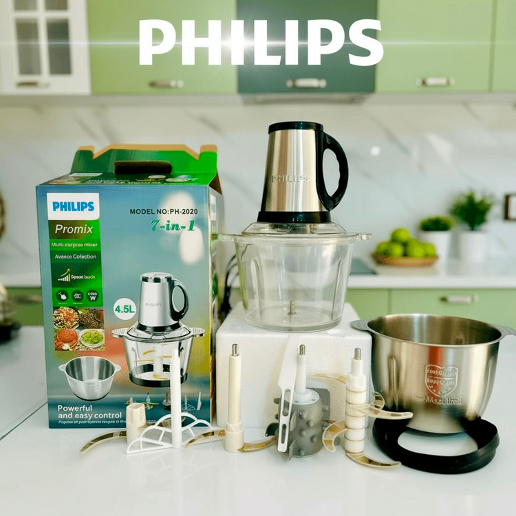 خردکن برقی فیلیپس مدل PH-2002، دو کاسه با ظرفیت 4.5 لیتر، 6 تیغه تیتانیوم طلایی، همراه با سیرپوست کن و همزن، قدرت 4500 وات