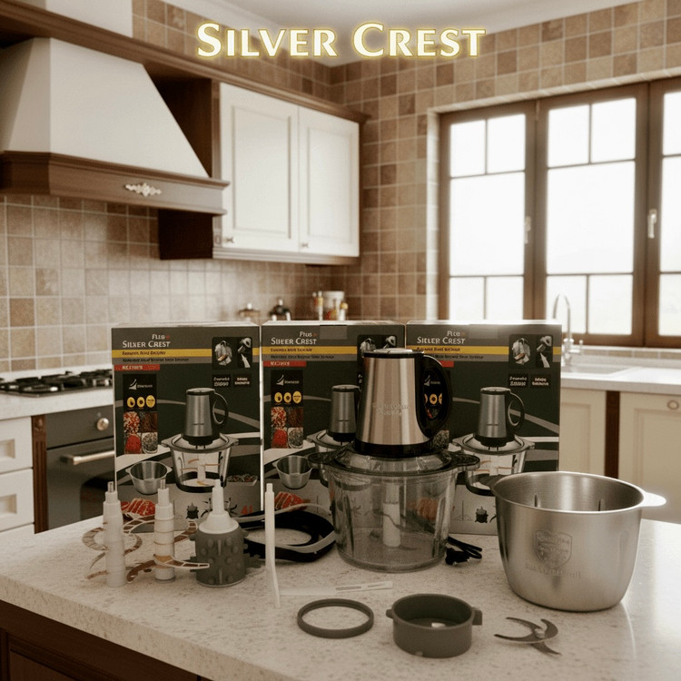 خردکن دوکاسه 4.4 لیتر سیلورکرست با 6 تیغه تیتانیوم طلایی همراه با سیرپوست کن و همزن