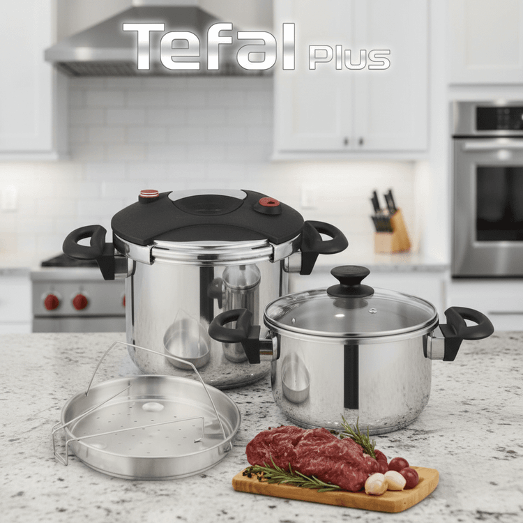 زودپز دوقلو تفال درب کلیپسی مخزن استاندارد 5و7 لیتر مدل Tefal استیل درجه یک 18/10- کف چدن کیفیت عالی