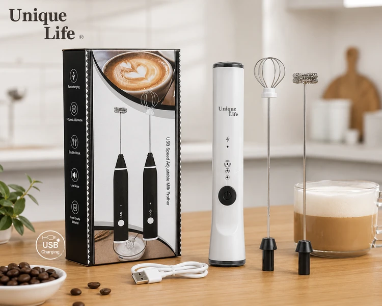 همزن شیر شارژی Unique Life مدل USB Adjustable Milk Frother | کفساز قهوه ۳ سرعته با دو سری قابل تعویض