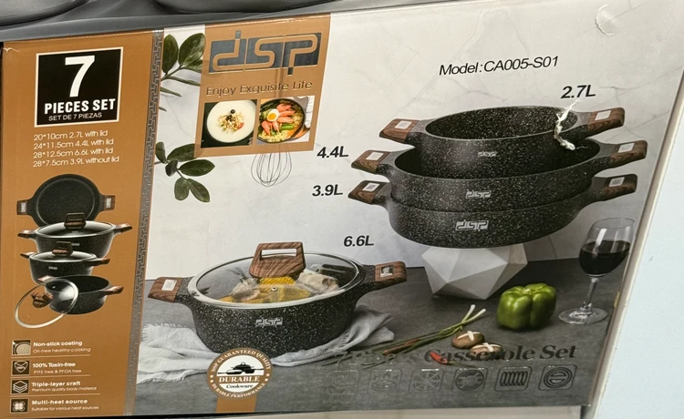 سرویس قابلمه ۷ پارچه DSP مدل CA005-S01 | گرانیتی نچسب با درب پیرکس و دسته طرح چوب
