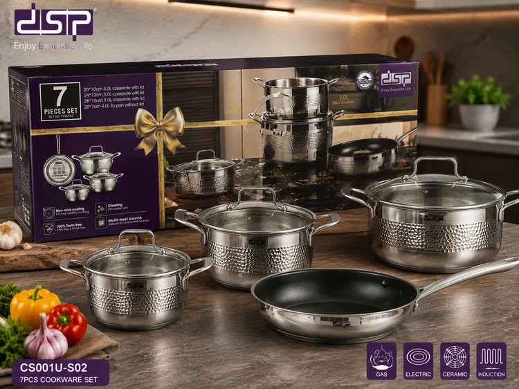 سرویس قابلمه ۷ پارچه استیل چکشی DSP اصلی مدل CS001U-S02 | استیل ضدزنگ، درب شیشه‌ای، مناسب انواع اجاق