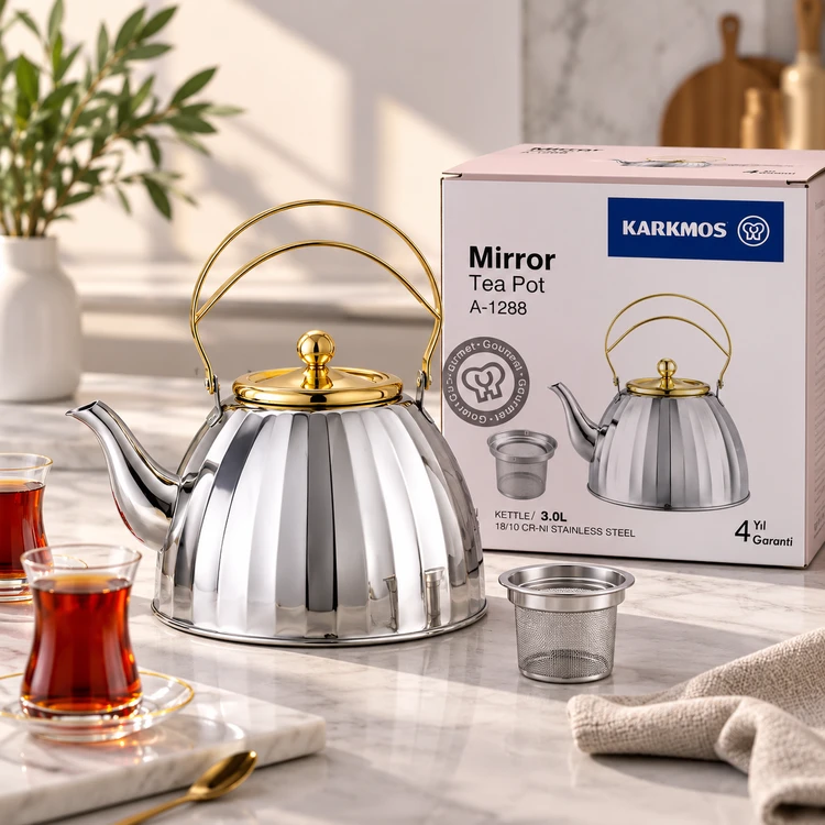 کتری استیل KARKMOS مدل Mirror A-1288 ظرفیت ۳ لیتر