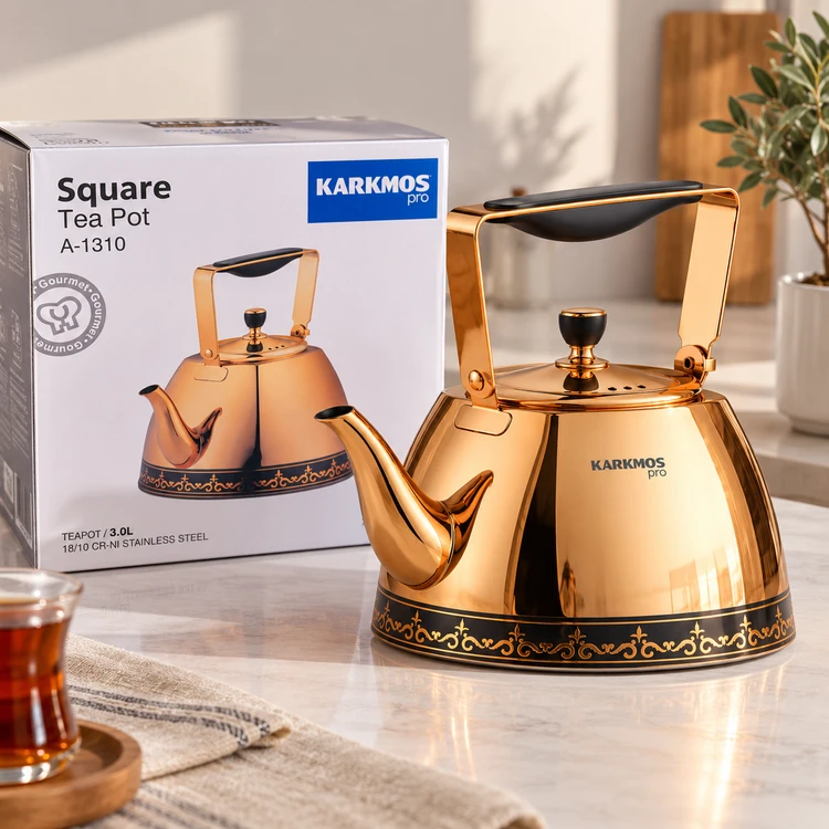 قوری استیل ۳ لیتری KARKMOS Pro مدل A-1310 – طرح مربع استیل 18/10